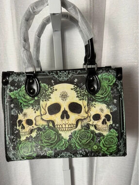 Skullette Skull and Green Rose Patterned Handbag